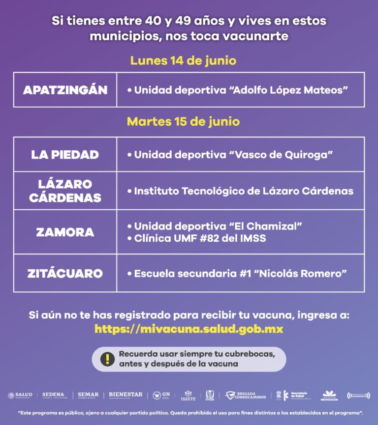 Inicia este lunes vacunación anti COVID-19 en grupo de 40 a 49 años en Apatzingán